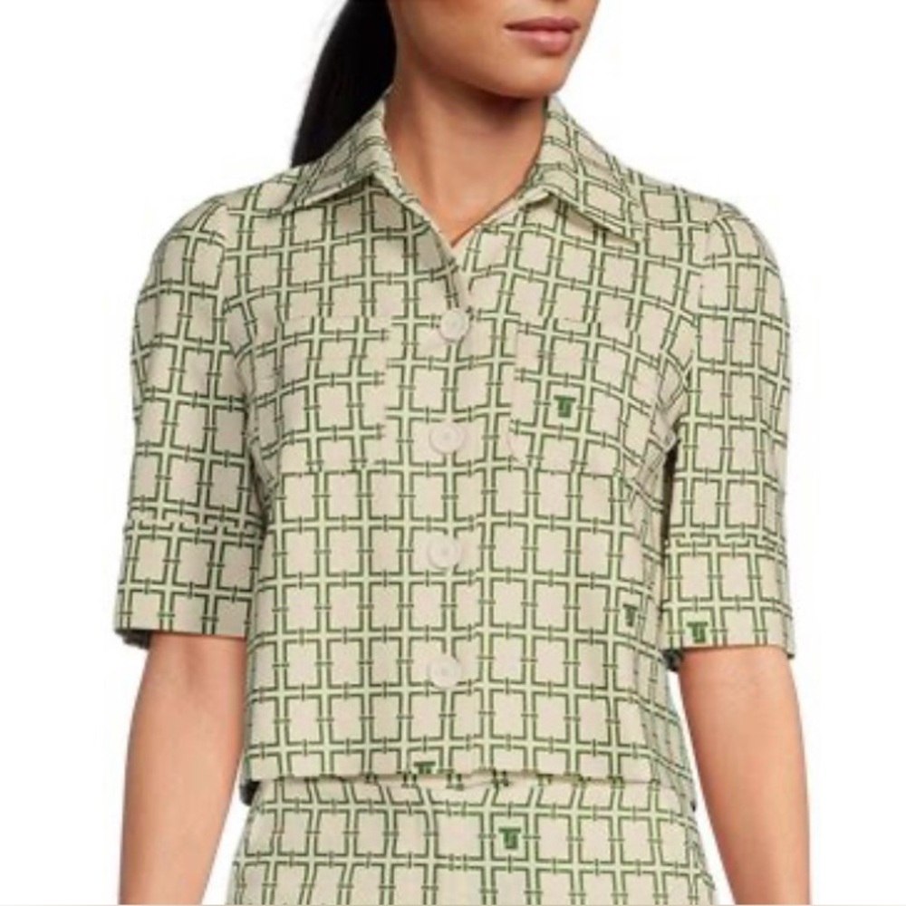 Tara Jarmon Christine Woven Chain Link Logo Pattern Collar Button Front Top - Picture 1 of 14
